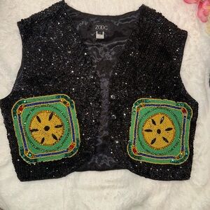 Vintage Black Sequin Vest with Vibrant Beaded Accents Size Medium